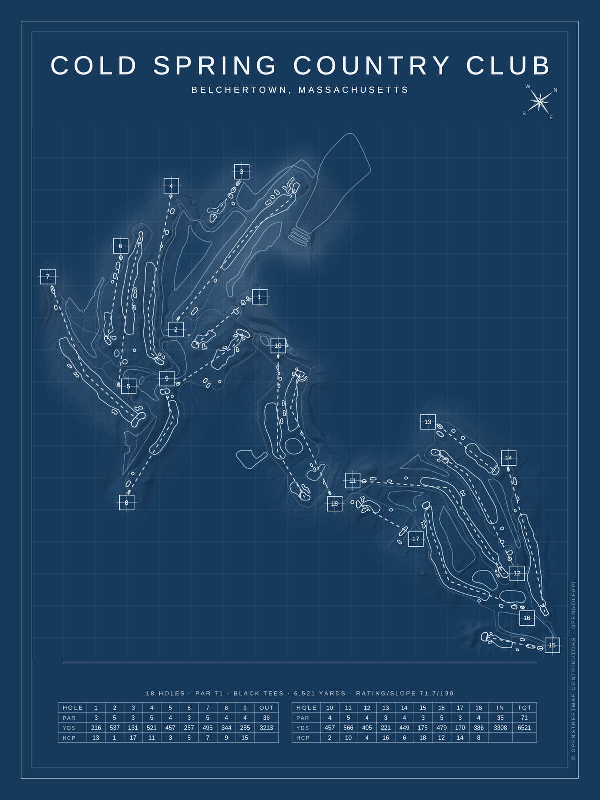 Cold Spring Country Club course map poster, Blueprint style, 12×16 / 18×24