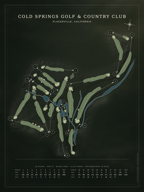 Cold Springs Golf & Country Club course map poster, Architectural style, 12×16 / 18×24