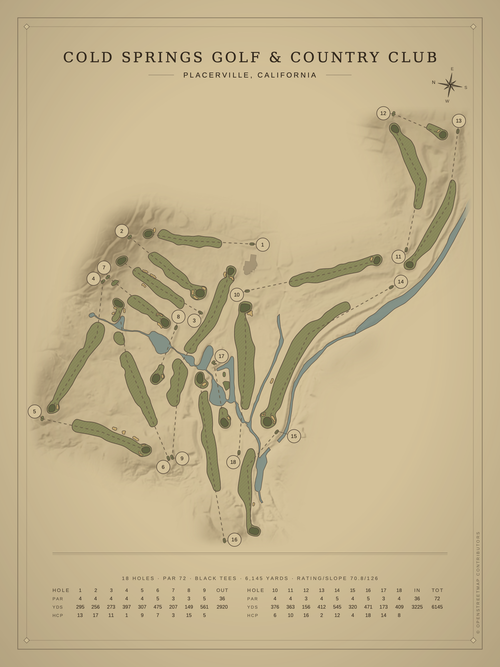 Cold Springs Golf & Country Club course map poster, Vintage style, 12×16 / 18×24