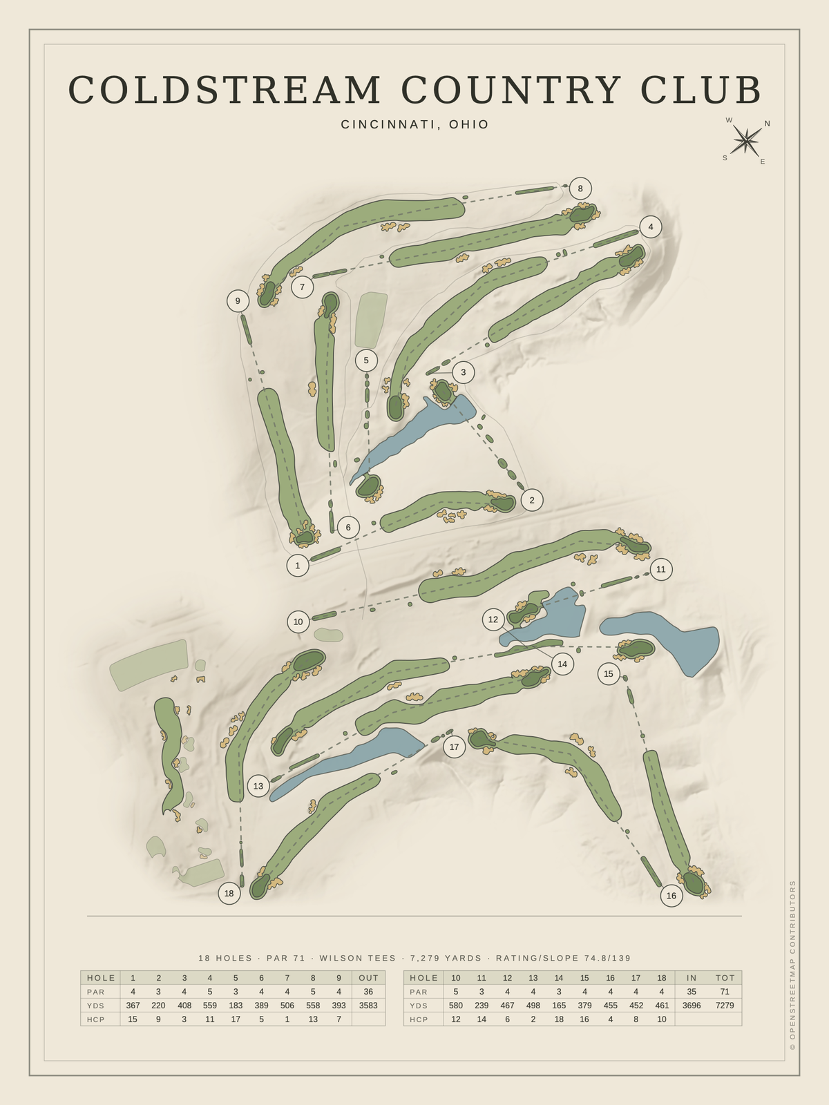 Coldstream Country Club course map poster, Classic style, 12×16 / 18×24