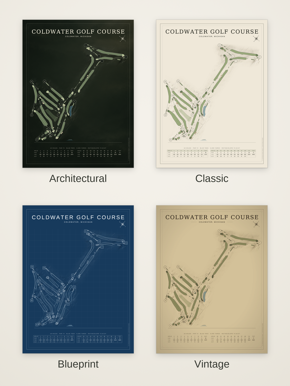 Coldwater Golf Course map poster in four styles: Architectural, Classic, Blueprint and Vintage