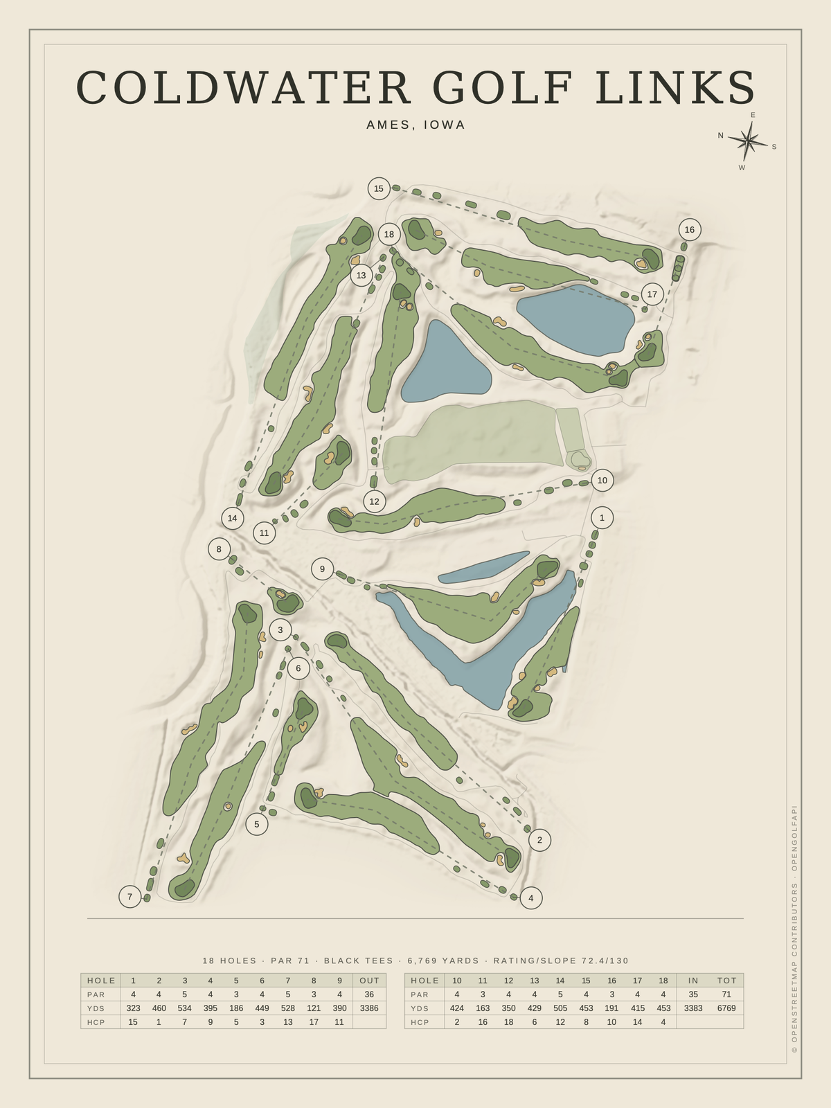Coldwater Golf Links course map poster, Classic style, 12×16 / 18×24