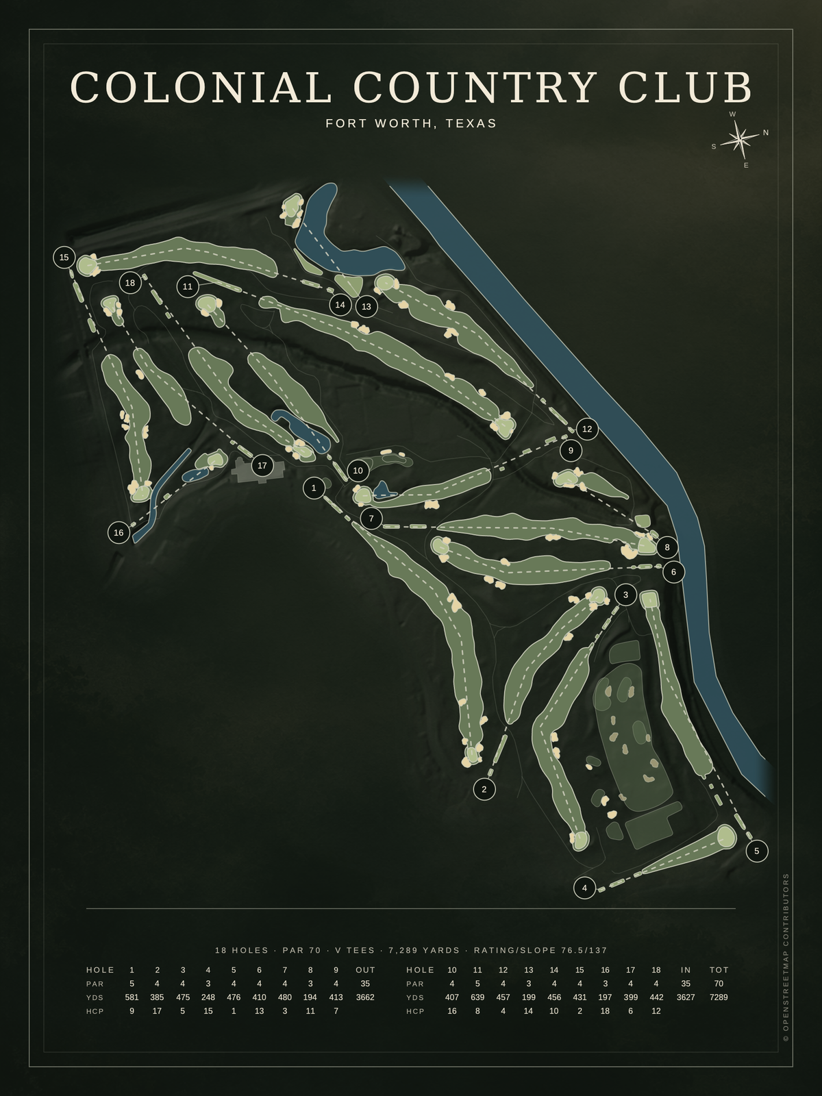 Colonial Country Club course map poster, Architectural style, 12×16 / 18×24