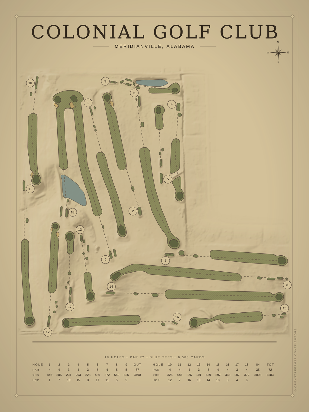 Colonial Golf Club course map poster, Vintage style, 12×16 / 18×24