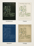 Colonial Golf Club course map poster in four styles: Architectural, Classic, Blueprint and Vintage