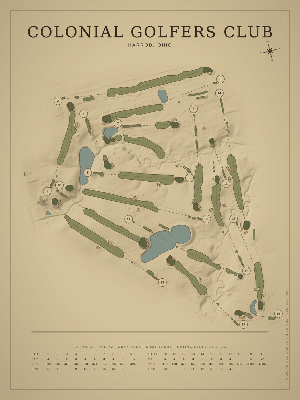 Colonial Golfers Club course map poster, Vintage style, 12×16 / 18×24
