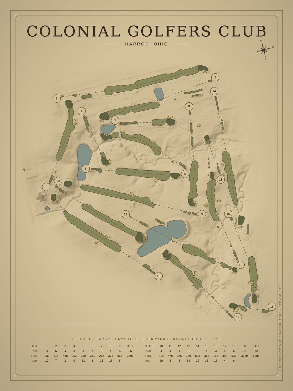 Colonial Golfers Club course map poster, Vintage style, 12×16 / 18×24