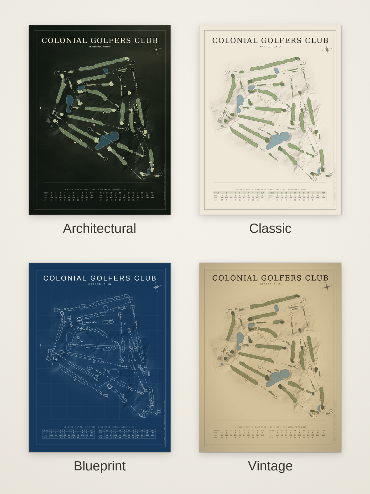 Colonial Golfers Club course map poster in four styles: Architectural, Classic, Blueprint and Vintage