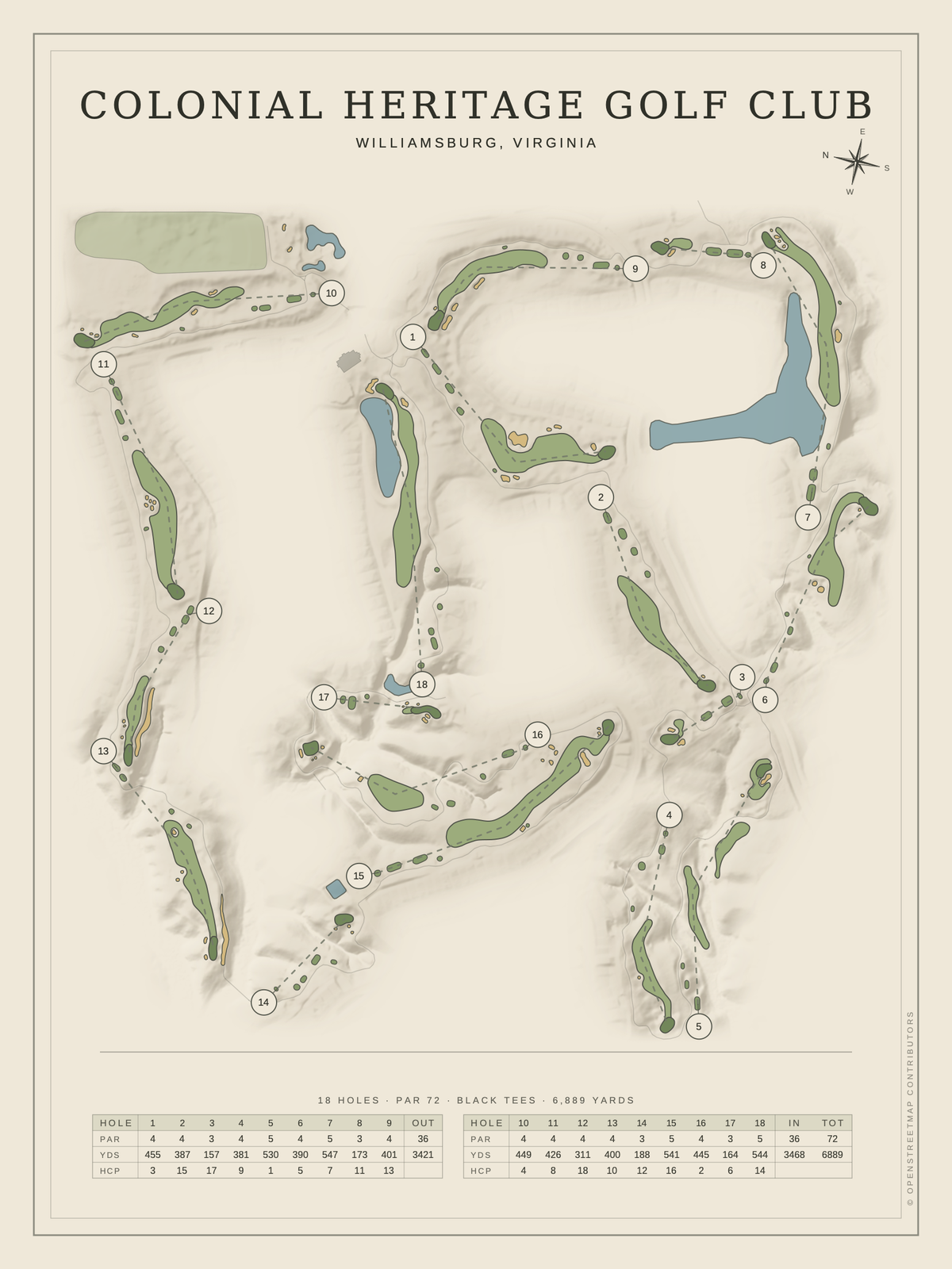 Colonial Heritage Golf Club course map poster, Classic style, 12×16 / 18×24