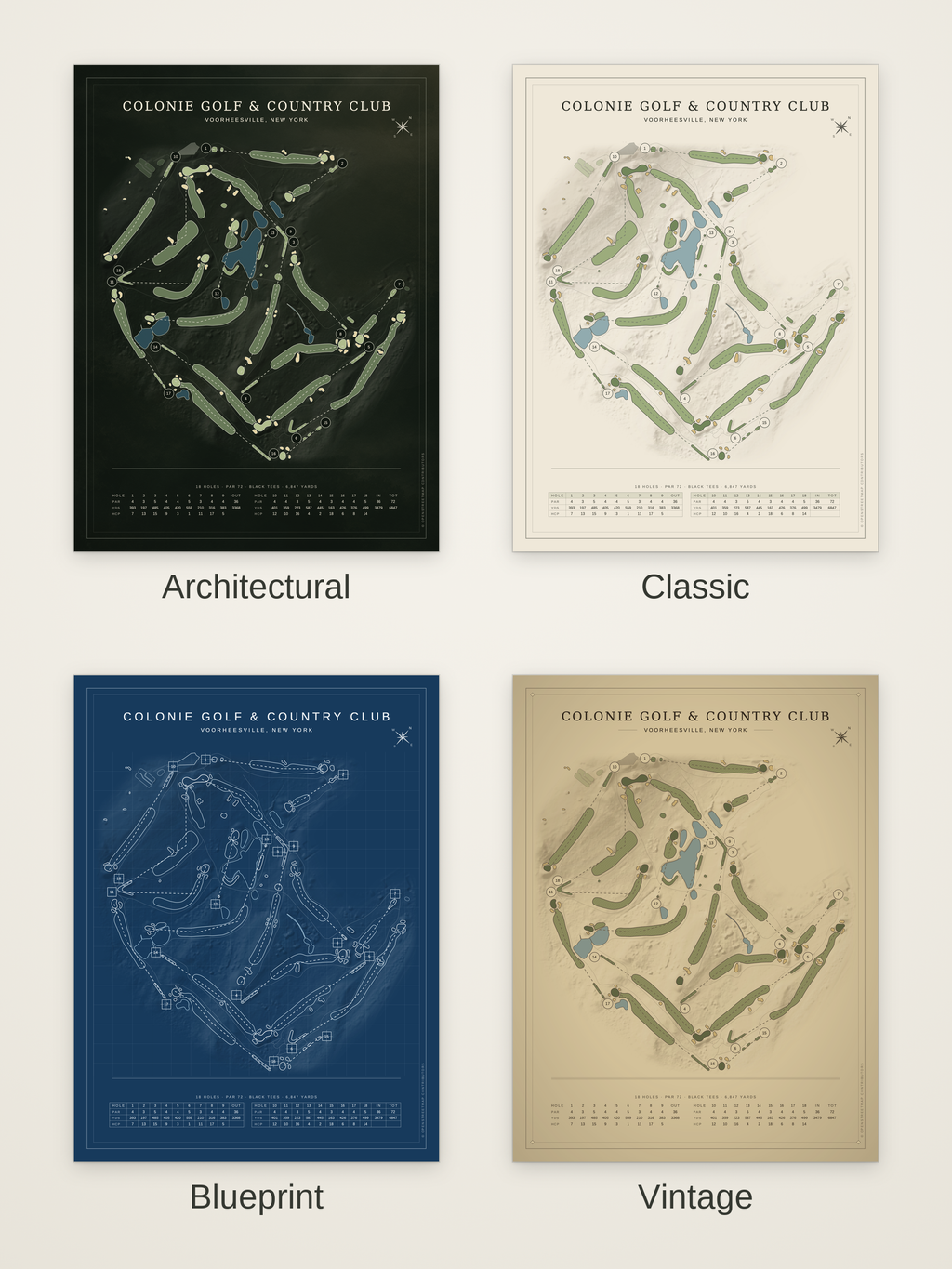 Colonie Golf & Country Club course map poster in four styles: Architectural, Classic, Blueprint and Vintage