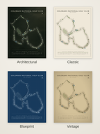Colorado National Golf Club course map poster in four styles: Architectural, Classic, Blueprint and Vintage