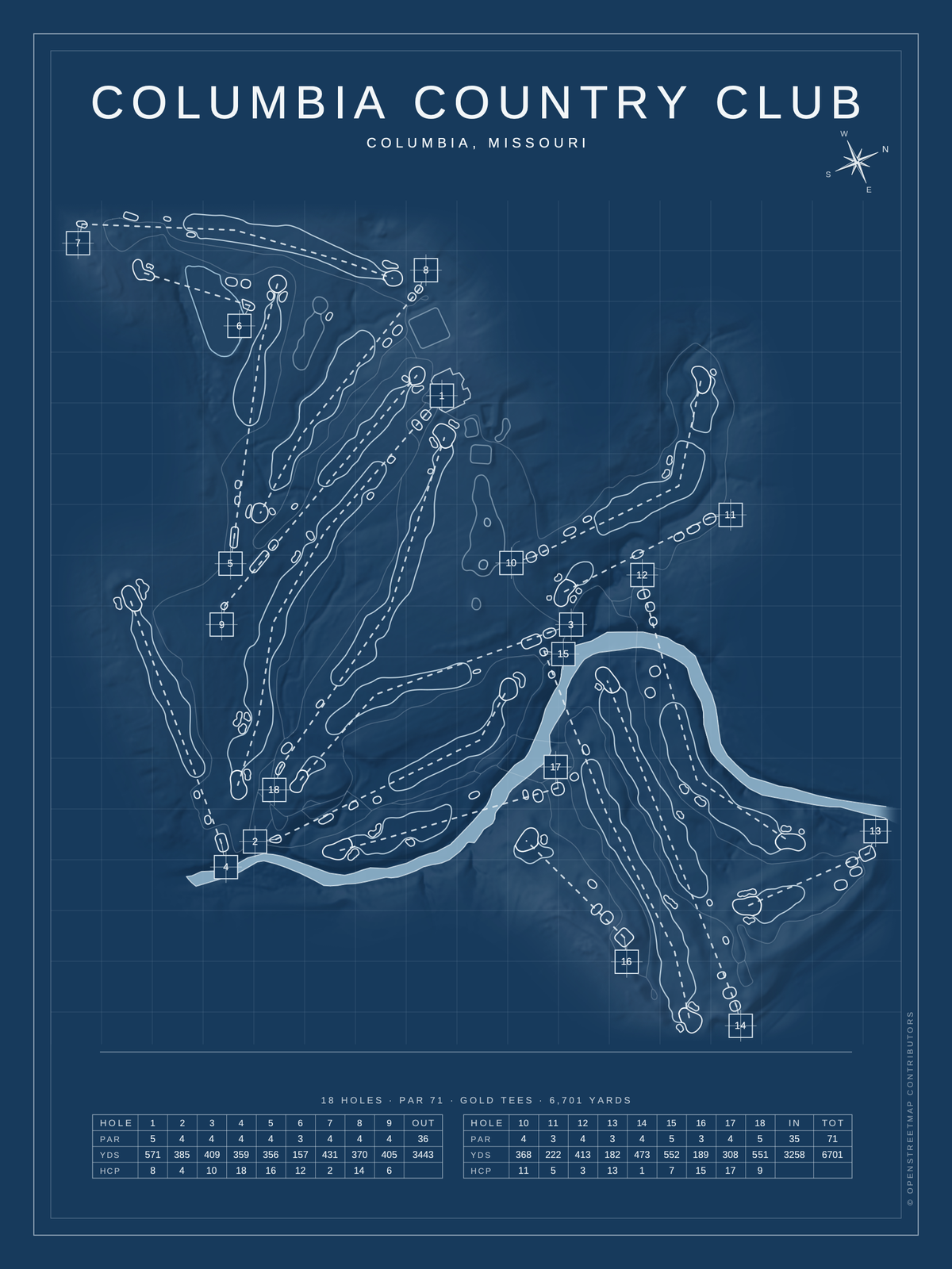 Columbia Country Club course map poster, Blueprint style, 12×16 / 18×24