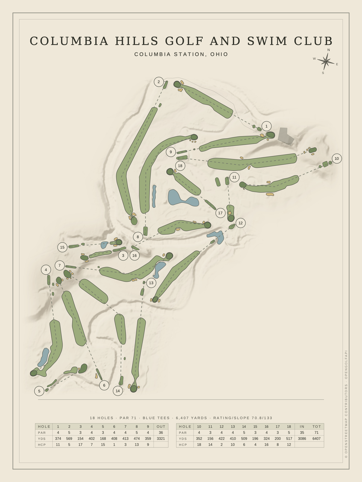 Columbia Hills Golf and Swim Club course map poster, Classic style, 12×16 / 18×24