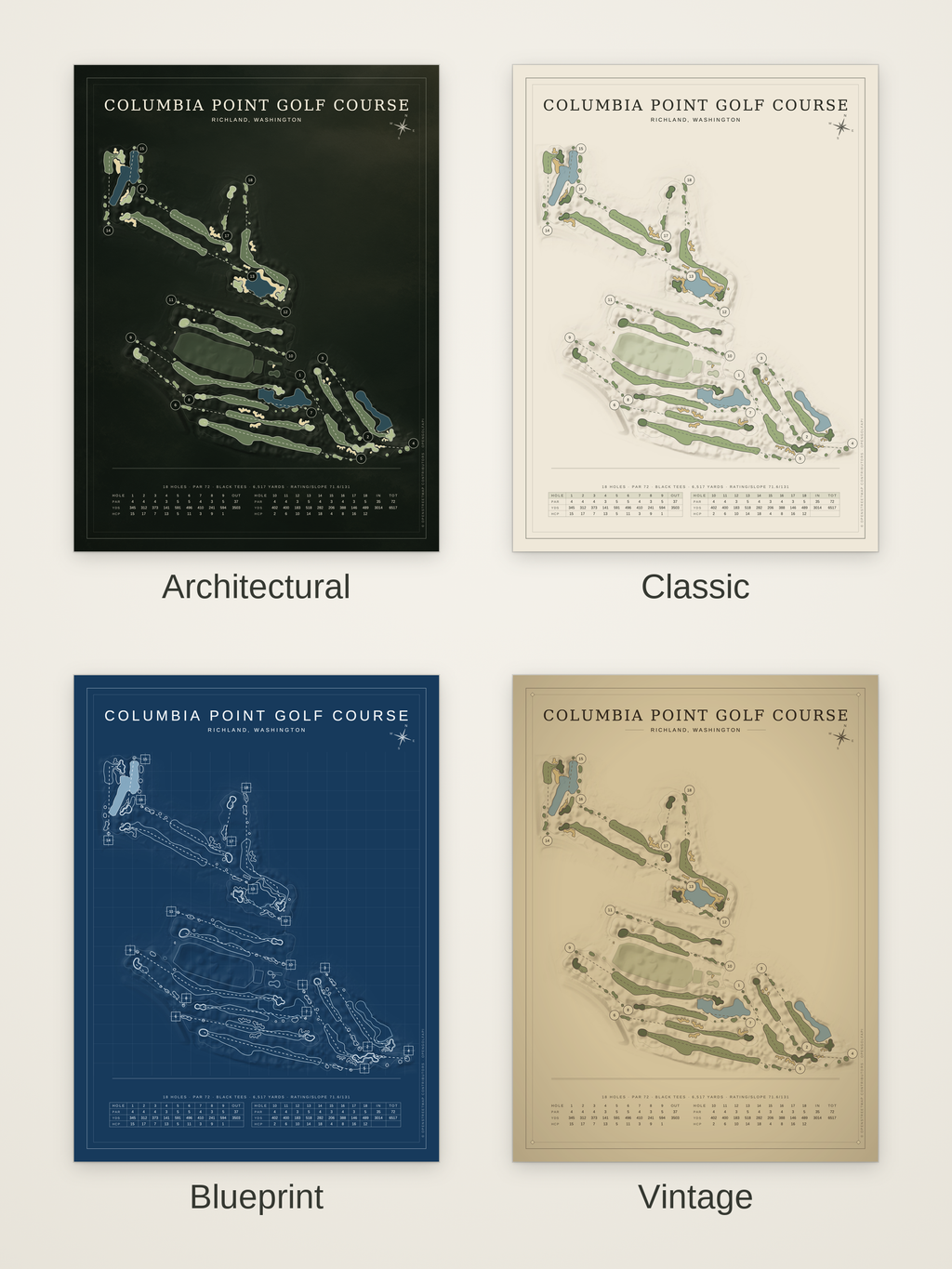 Columbia Point Golf Course map poster in four styles: Architectural, Classic, Blueprint and Vintage