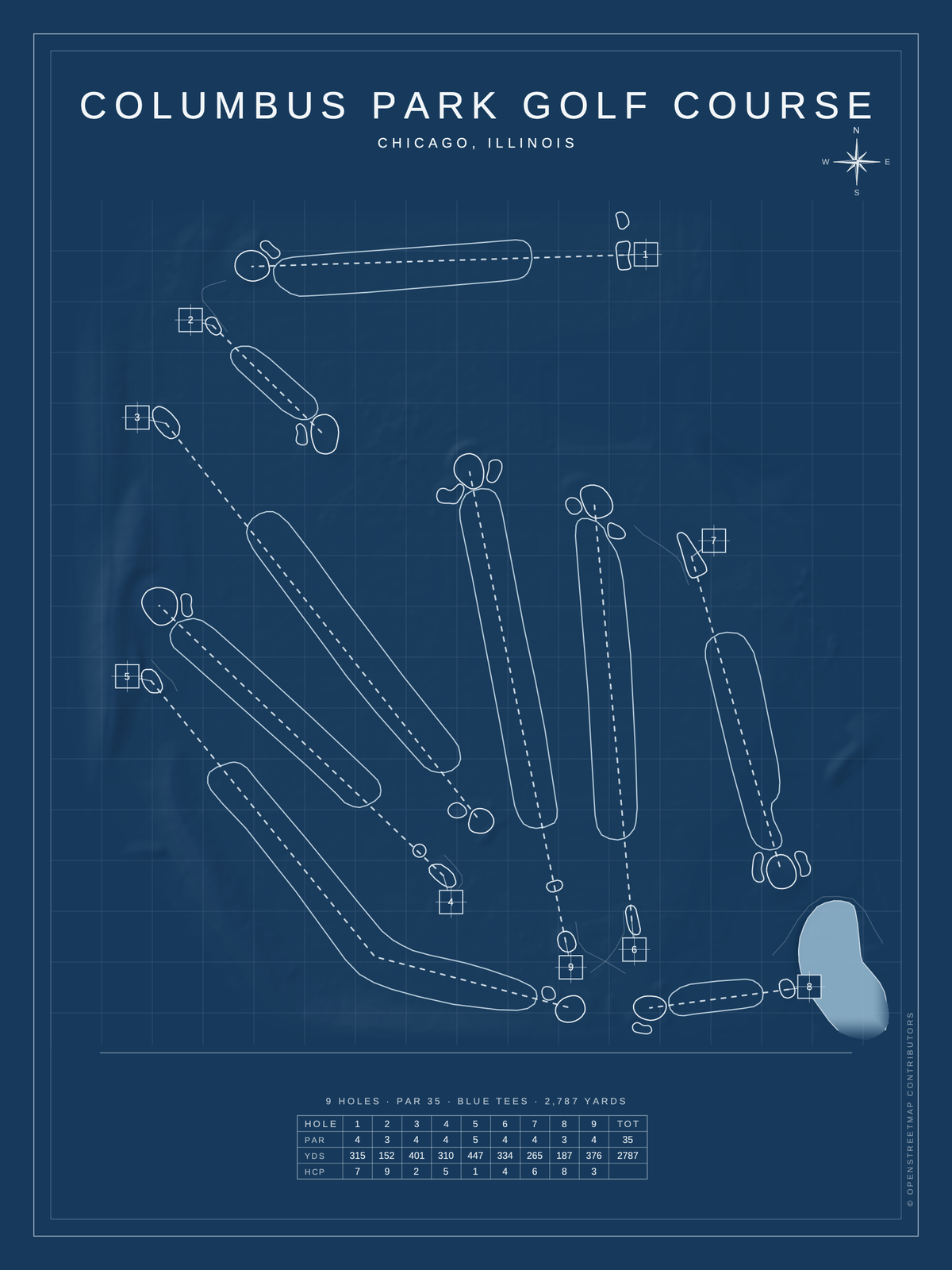 Columbus Park Golf Course map poster, Blueprint style, 12×16 / 18×24