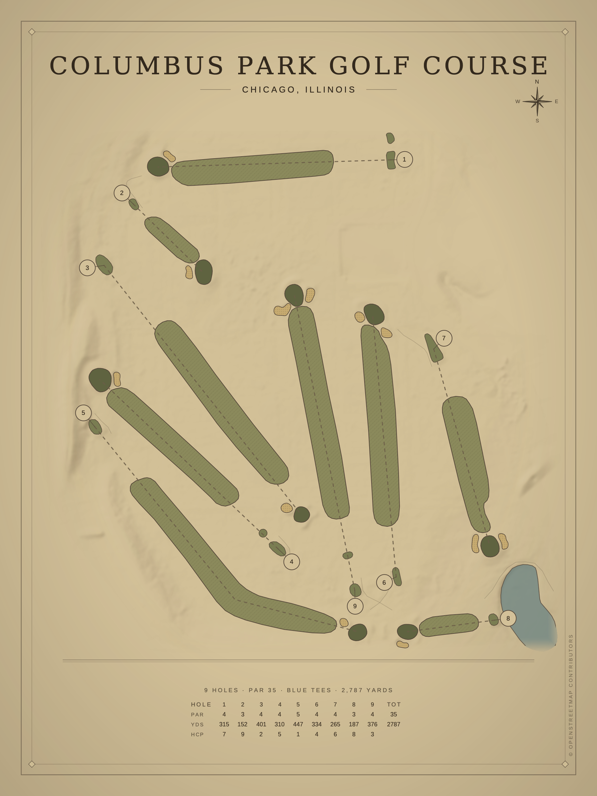 Columbus Park Golf Course map poster, Vintage style, 12×16 / 18×24