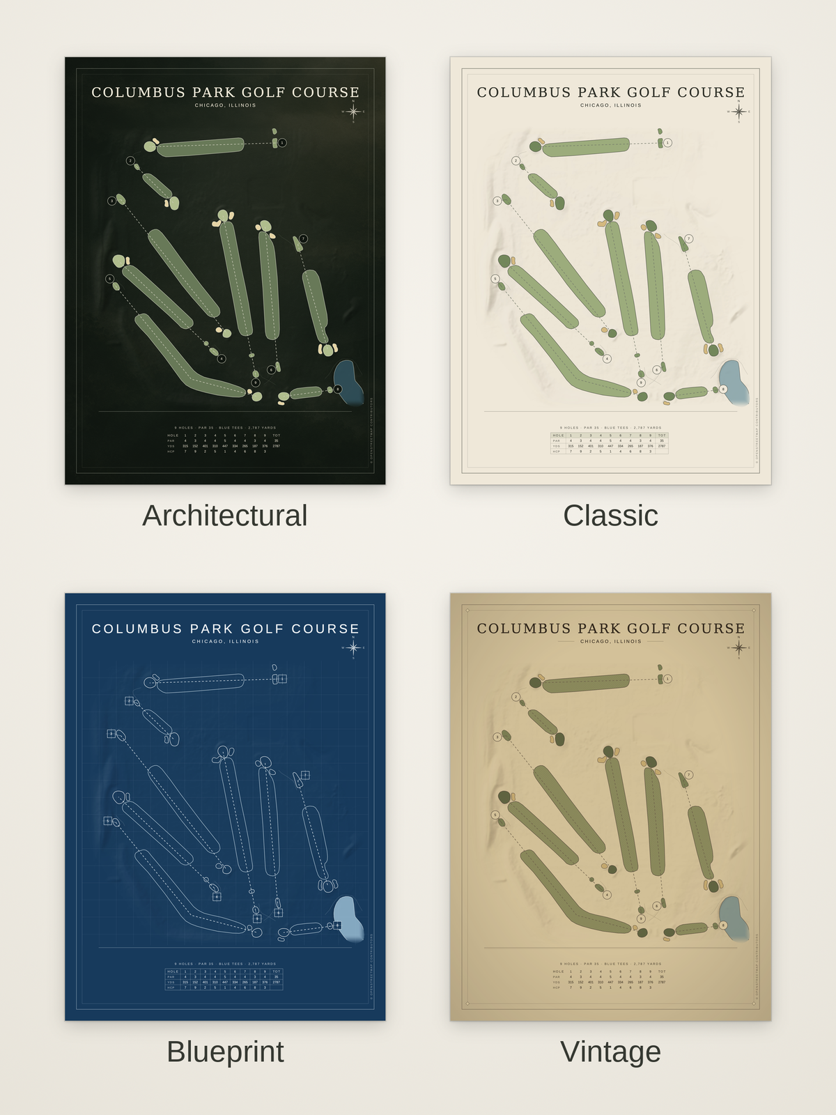 Columbus Park Golf Course map poster in four styles: Architectural, Classic, Blueprint and Vintage