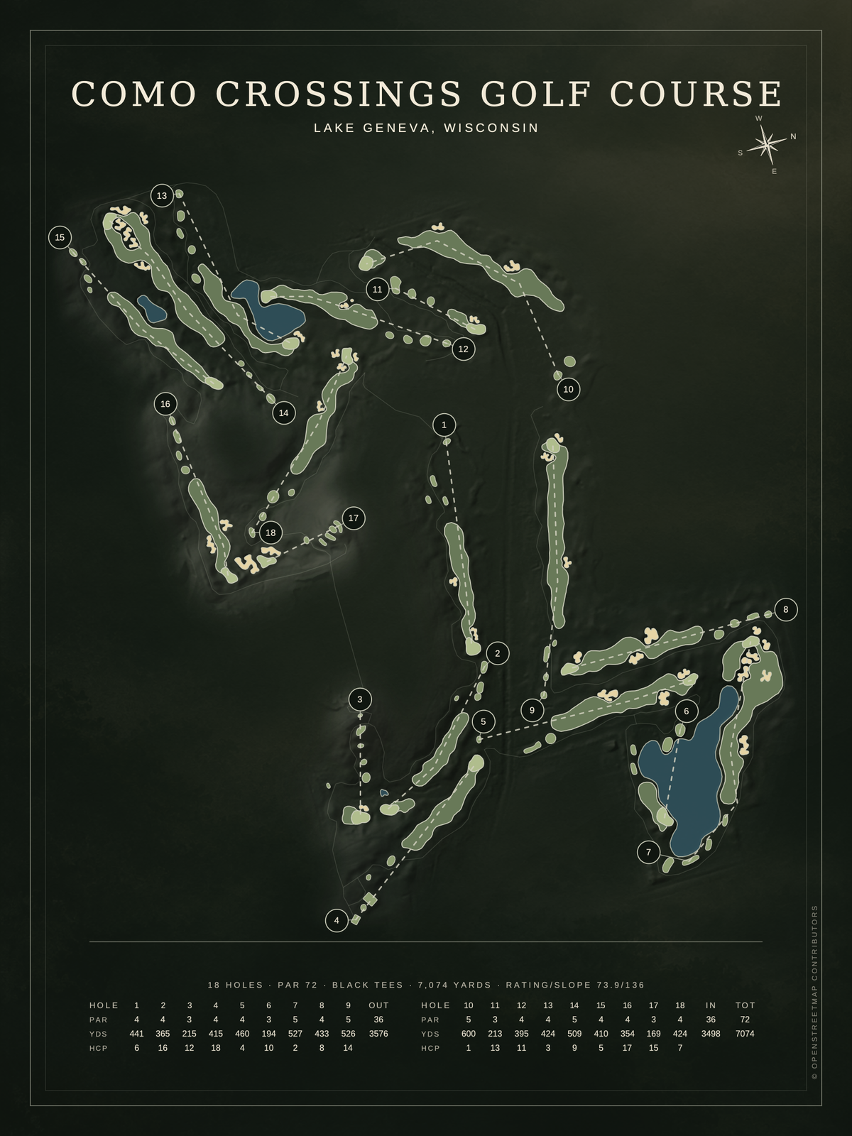 Como Crossings Golf Course map poster, Architectural style, 12×16 / 18×24