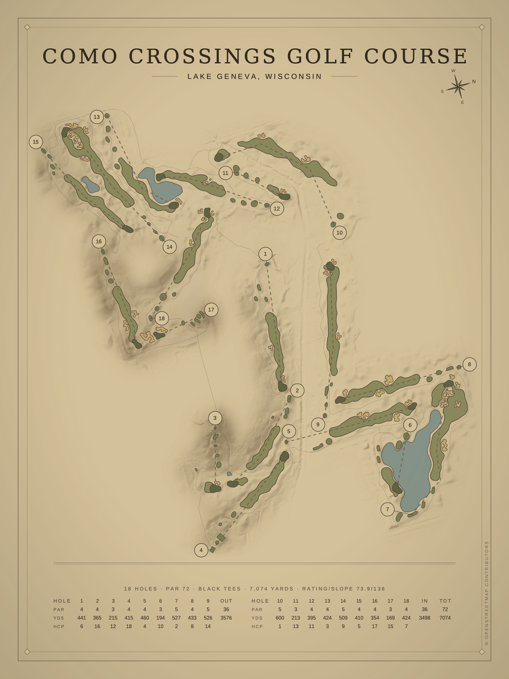 Como Crossings Golf Course map poster, Vintage style, 12×16 / 18×24