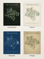 Como Golf Course map poster in four styles: Architectural, Classic, Blueprint and Vintage