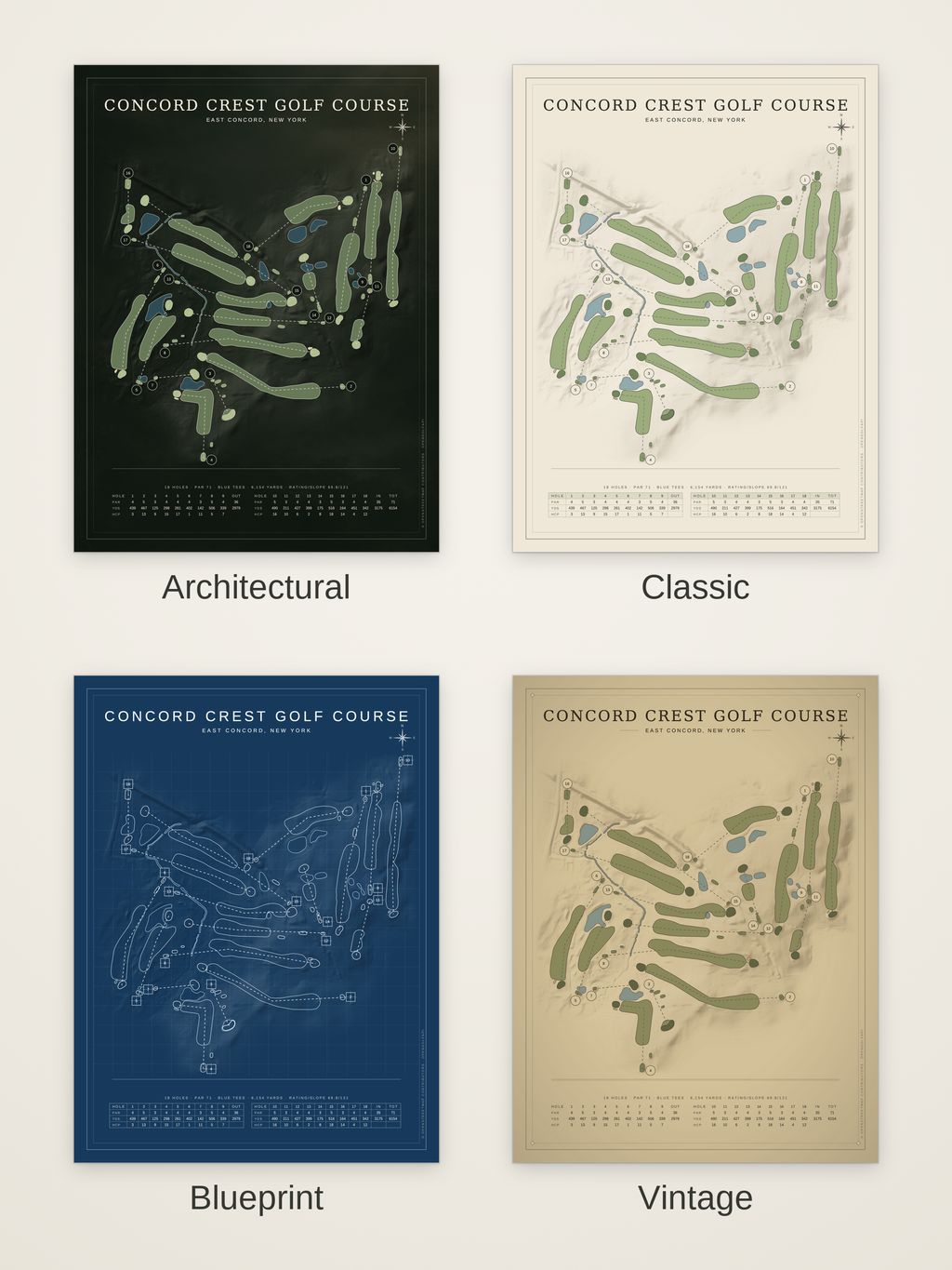 Concord Crest Golf Course map poster in four styles: Architectural, Classic, Blueprint and Vintage