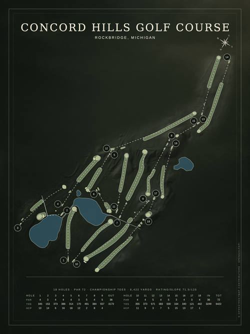 Concord Hills Golf Course course map poster, Architectural style, 12×16 / 18×24
