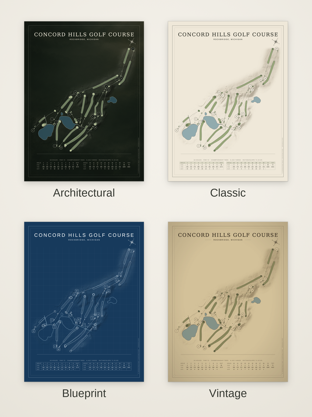 Concord Hills Golf Course map poster in four styles: Architectural, Classic, Blueprint and Vintage