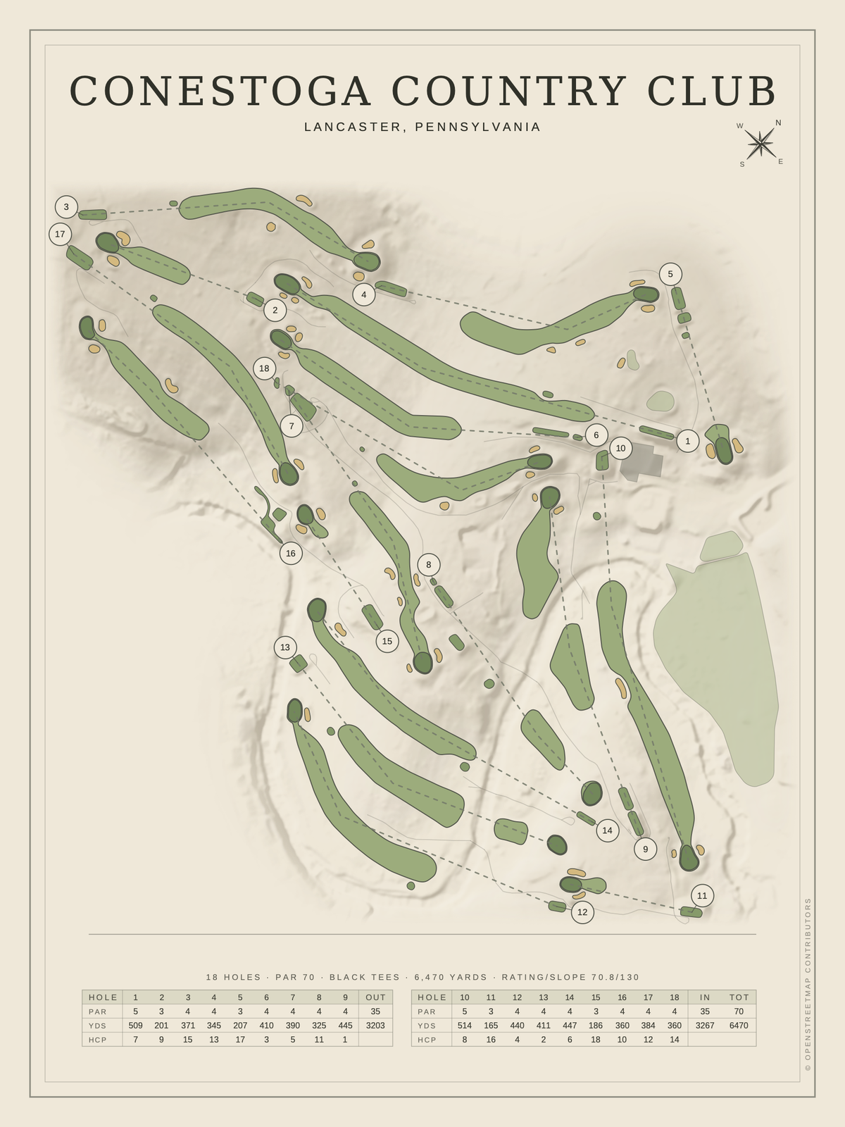 Conestoga Country Club course map poster, Classic style, 12×16 / 18×24