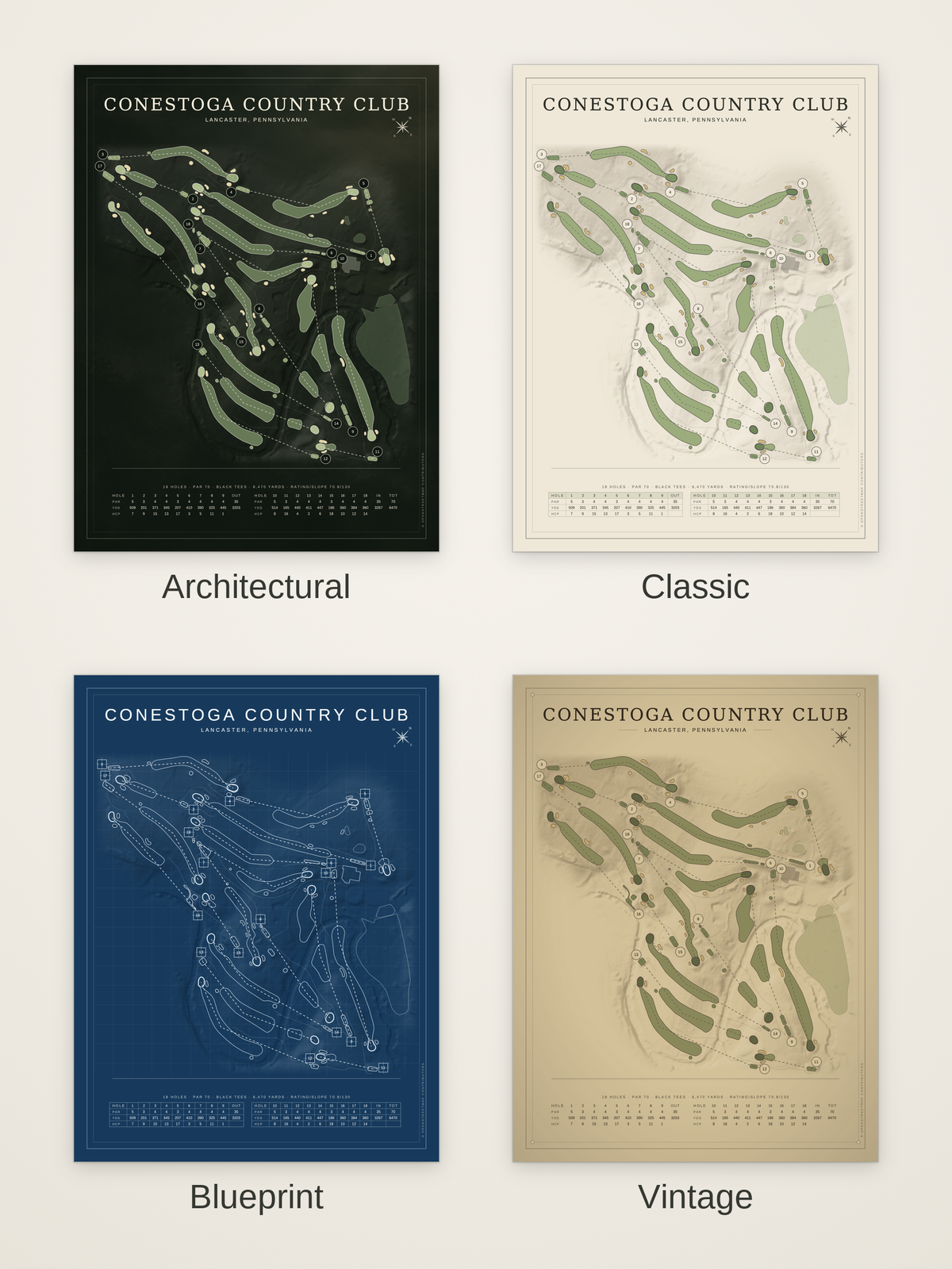 Conestoga Country Club course map poster in four styles: Architectural, Classic, Blueprint and Vintage