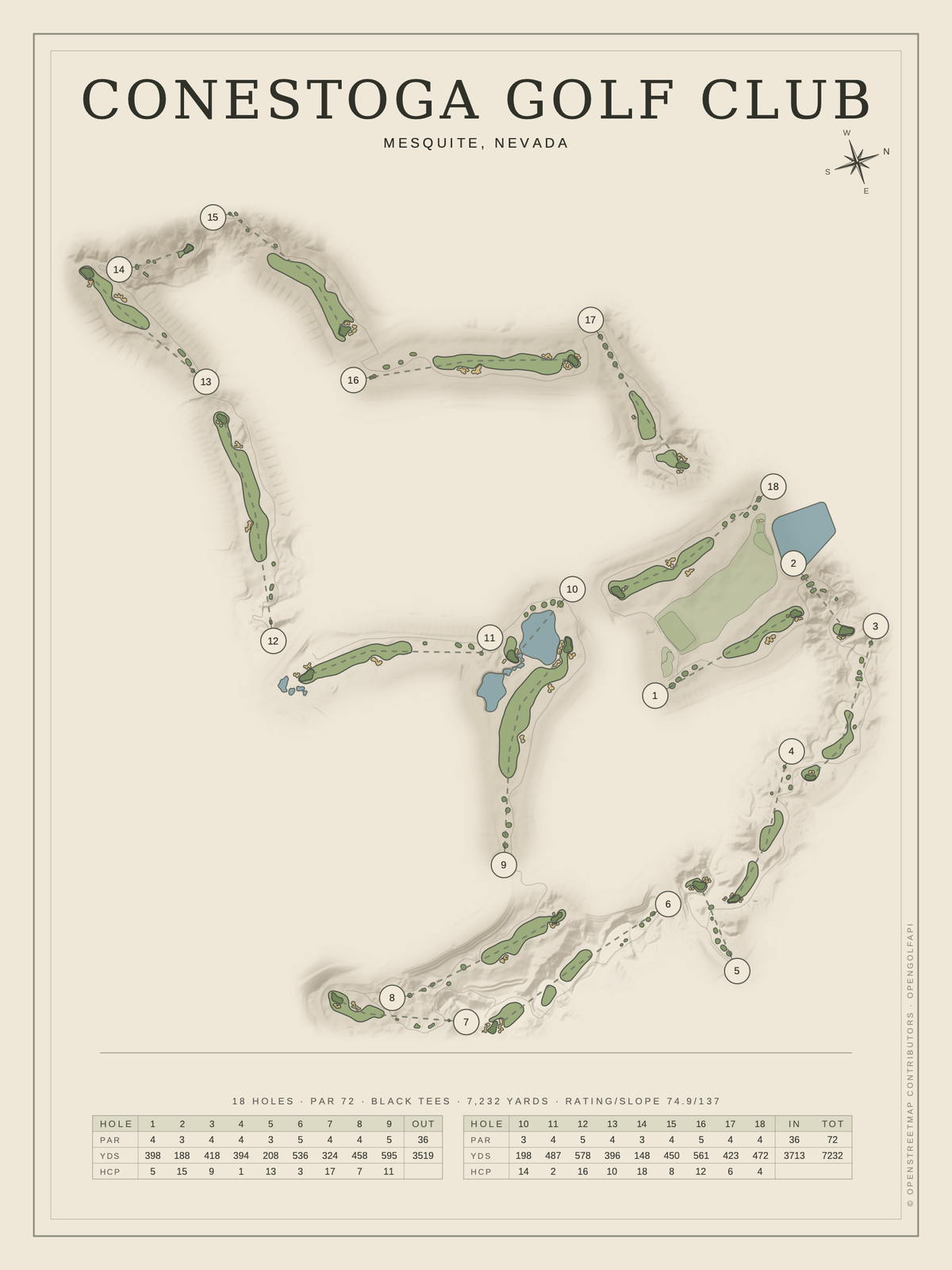 Conestoga Golf Club course map poster, Classic style, 12×16 / 18×24