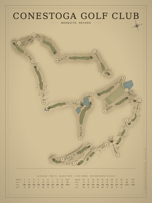 Conestoga Golf Club course map poster, Vintage style, 12×16 / 18×24