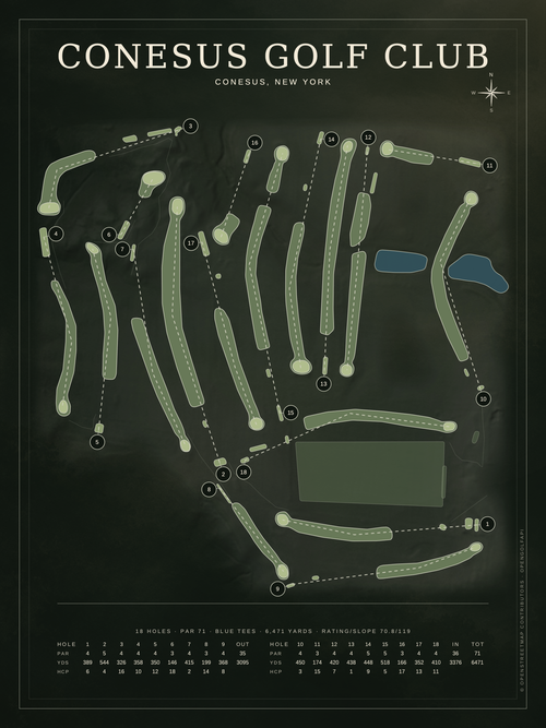Conesus Golf Club course map poster, Architectural style, 12×16 / 18×24