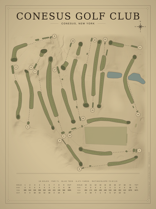 Conesus Golf Club course map poster, Vintage style, 12×16 / 18×24