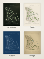 Conewango Valley Country Club course map poster in four styles: Architectural, Classic, Blueprint and Vintage