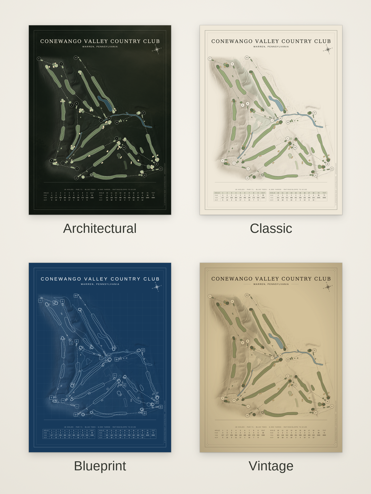 Conewango Valley Country Club course map poster in four styles: Architectural, Classic, Blueprint and Vintage