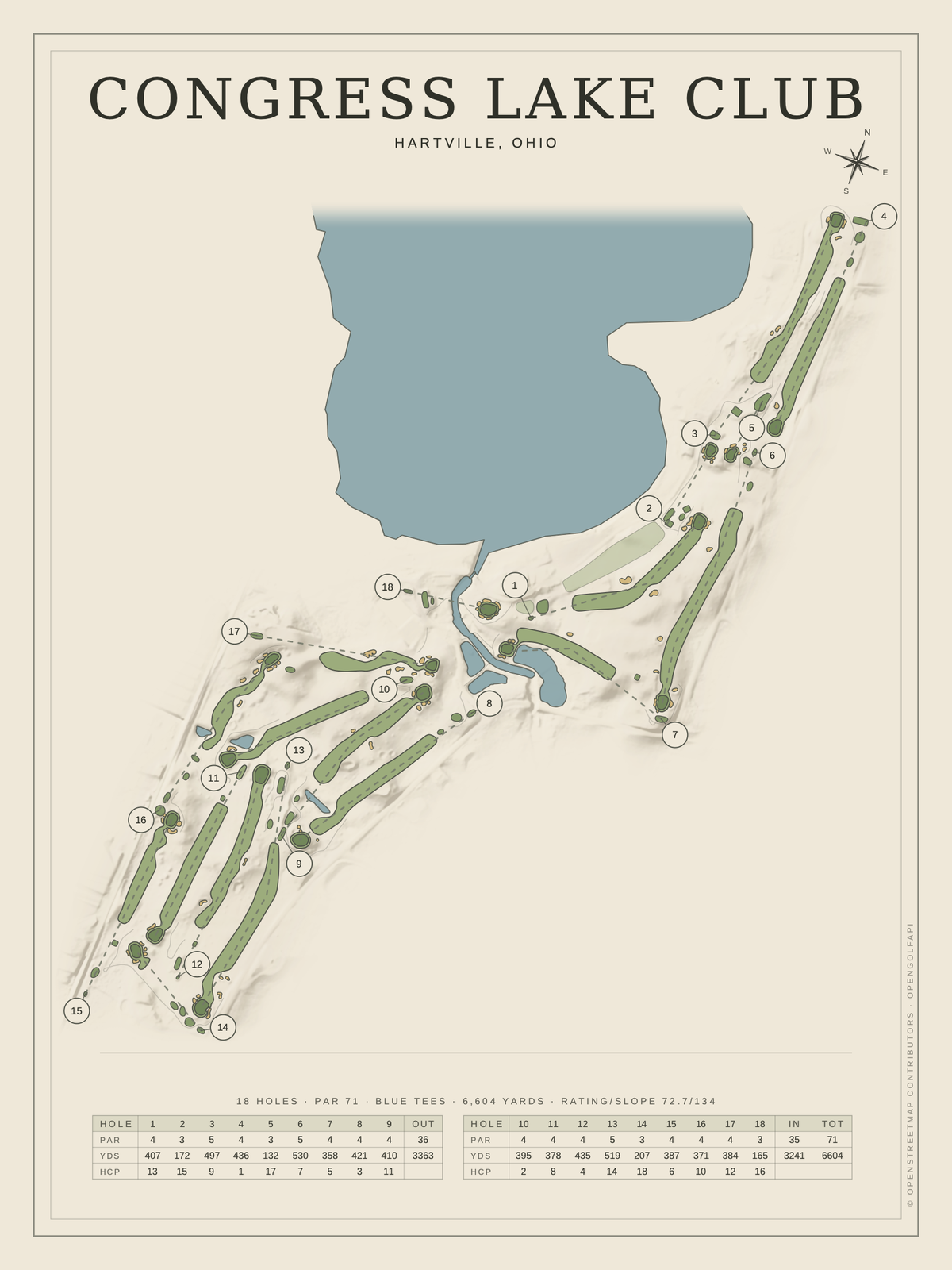 Congress Lake Club course map poster, Classic style, 12×16 / 18×24
