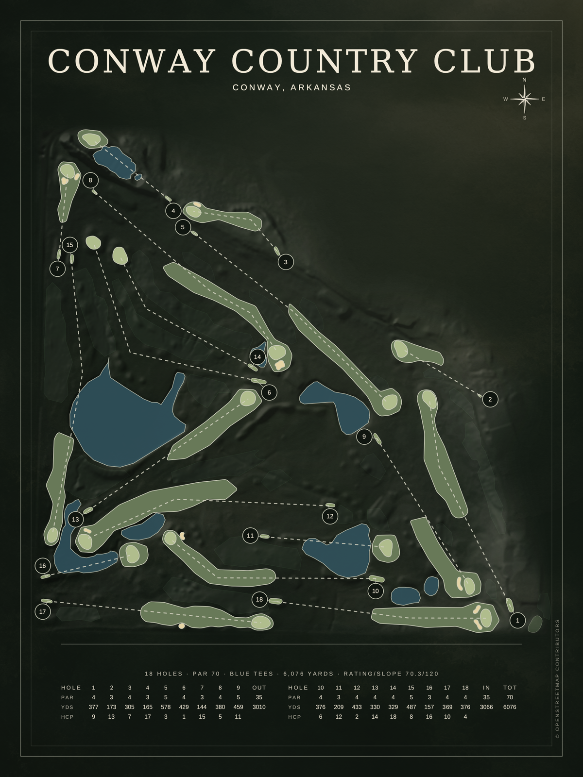 Conway Country Club course map poster, Architectural style, 12×16 / 18×24
