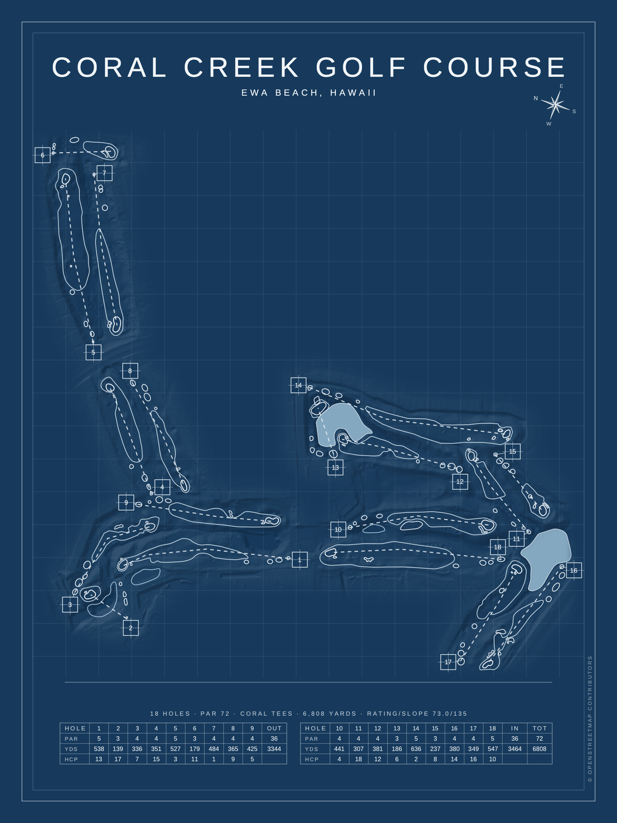 Coral Creek Golf Course map poster, Blueprint style, 12×16 / 18×24
