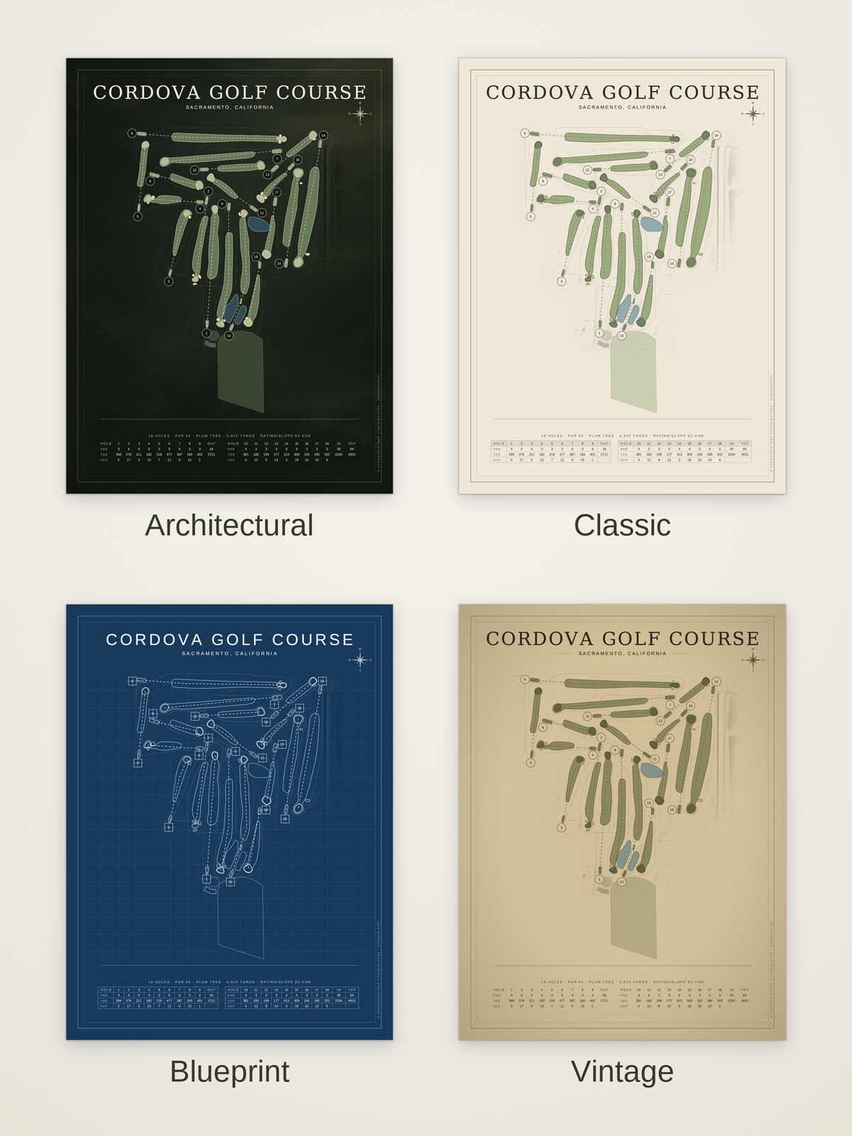 Cordova Golf Course map poster in four styles: Architectural, Classic, Blueprint and Vintage