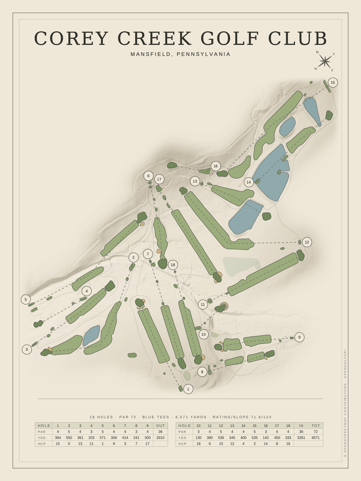 Corey Creek Golf Club course map poster, Classic style, 12×16 / 18×24