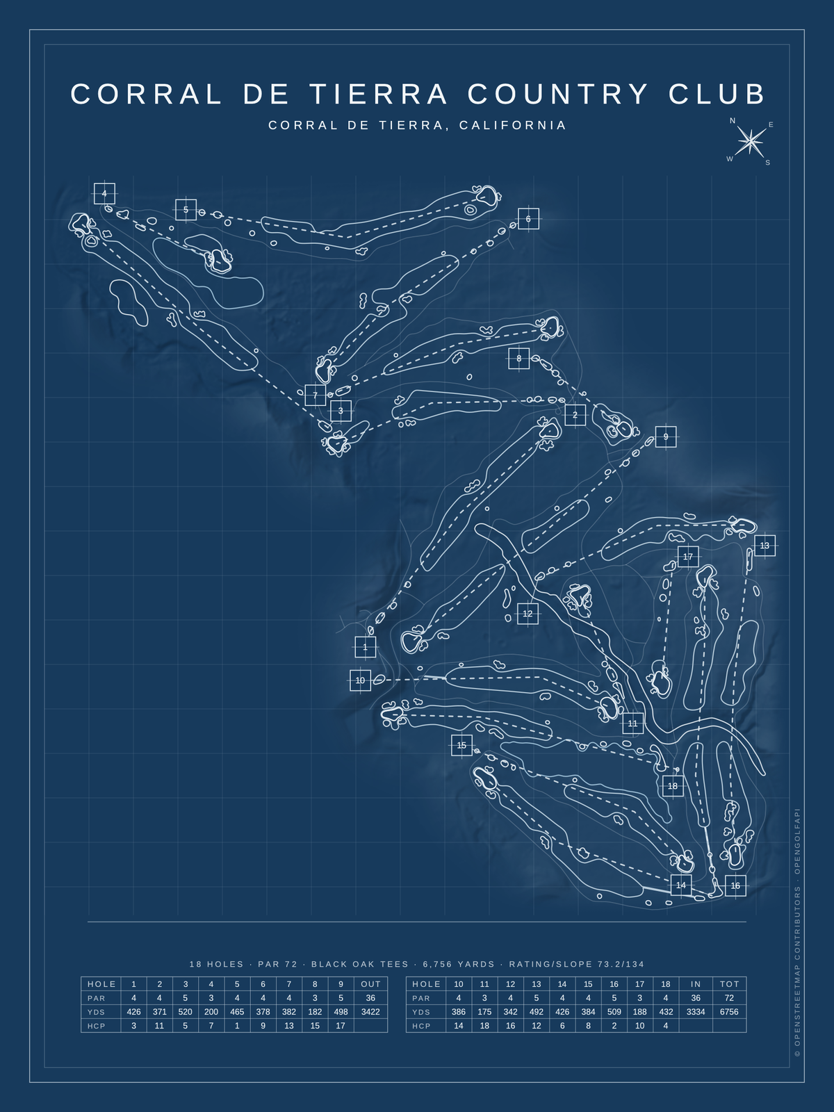 Corral de Tierra Country Club course map poster, Blueprint style, 12×16 / 18×24