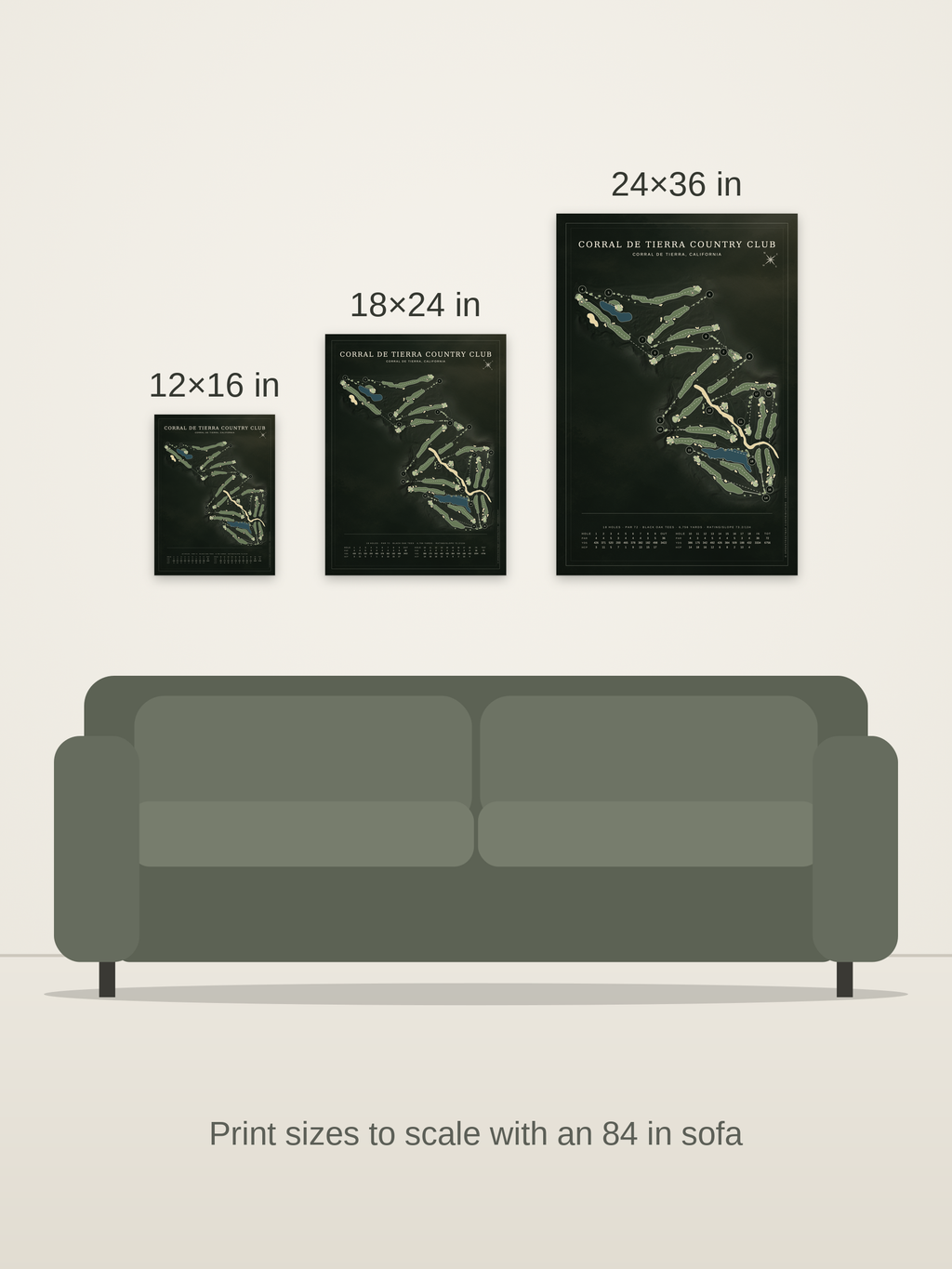 Corral de Tierra Country Club course map poster in the Architectural style at 12×16, 18×24 and 24×36 inches, shown to scale on a wall above an 84-inch sofa