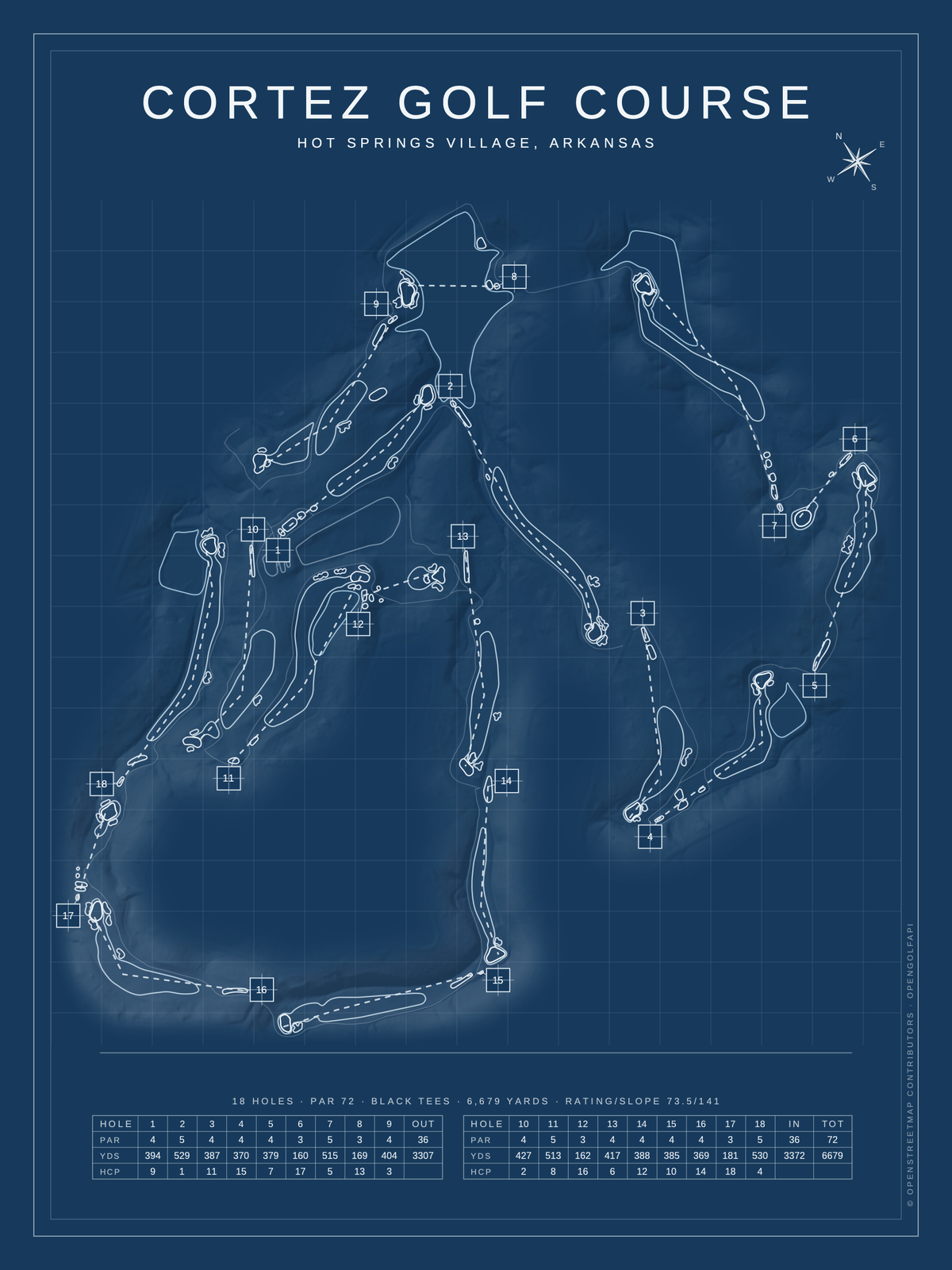 Cortez Golf Course map poster, Blueprint style, 12×16 / 18×24