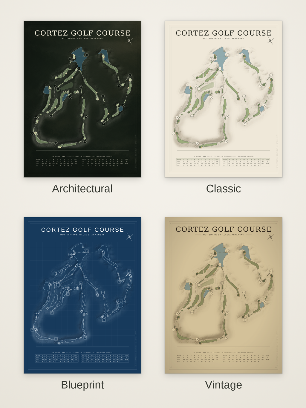 Cortez Golf Course map poster in four styles: Architectural, Classic, Blueprint and Vintage