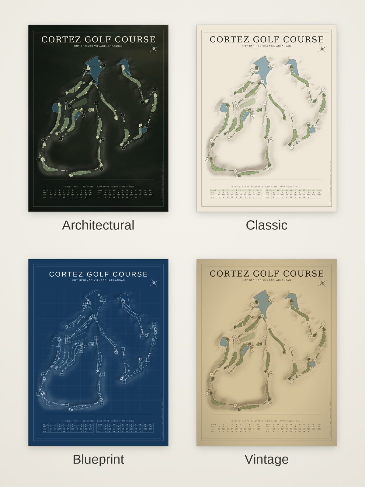 Cortez Golf Course map poster in four styles: Architectural, Classic, Blueprint and Vintage