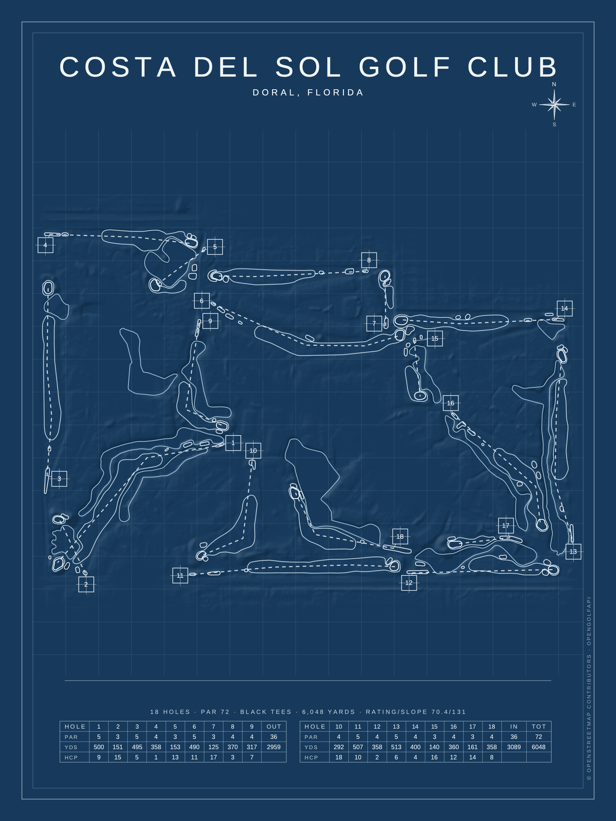 Costa Del Sol Golf Club course map poster, Blueprint style, 12×16 / 18×24
