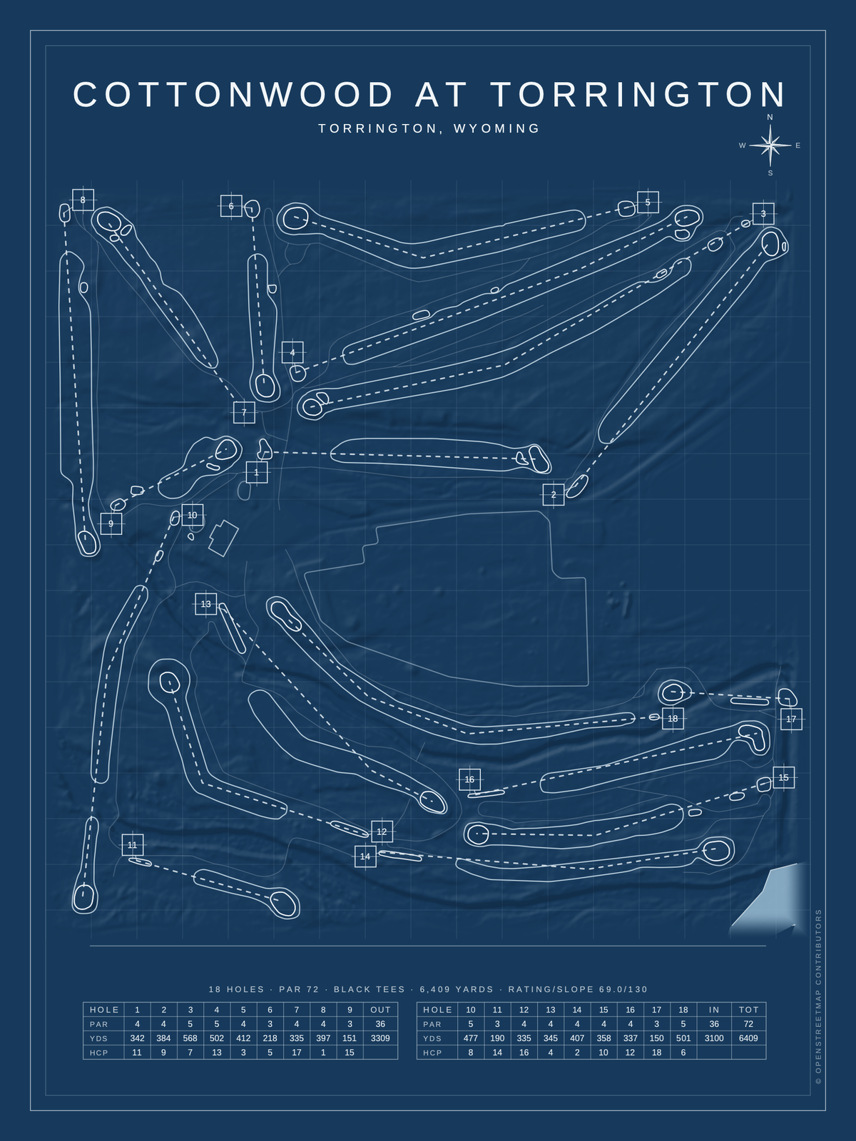 Cottonwood at Torrington course map poster, Blueprint style, 12×16 / 18×24