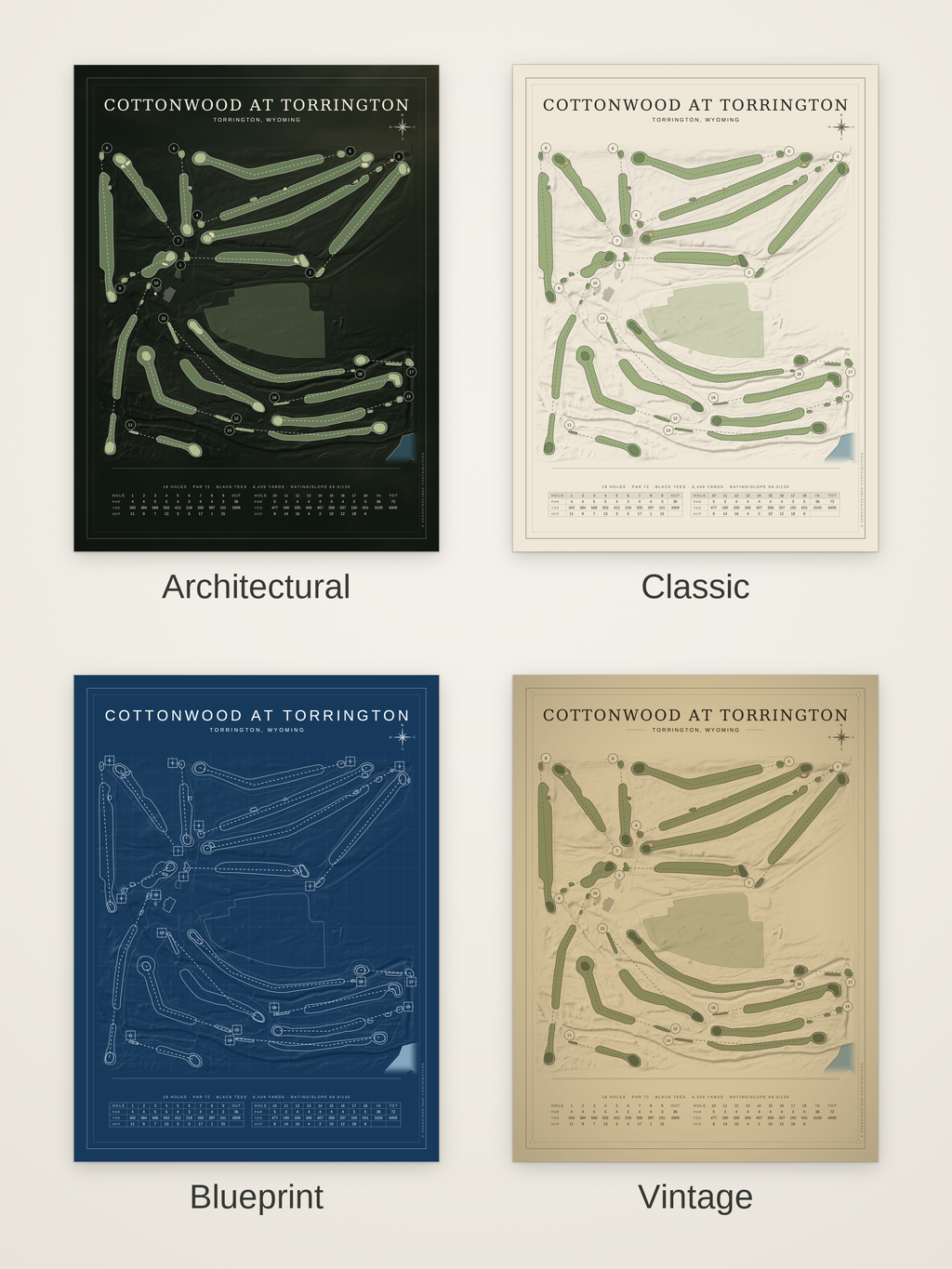 Cottonwood at Torrington course map poster in four styles: Architectural, Classic, Blueprint and Vintage