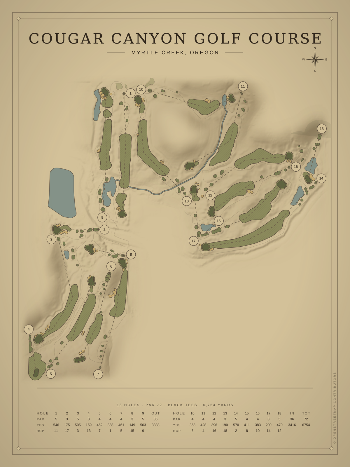 Cougar Canyon Golf Course map poster, Vintage style, 12×16 / 18×24