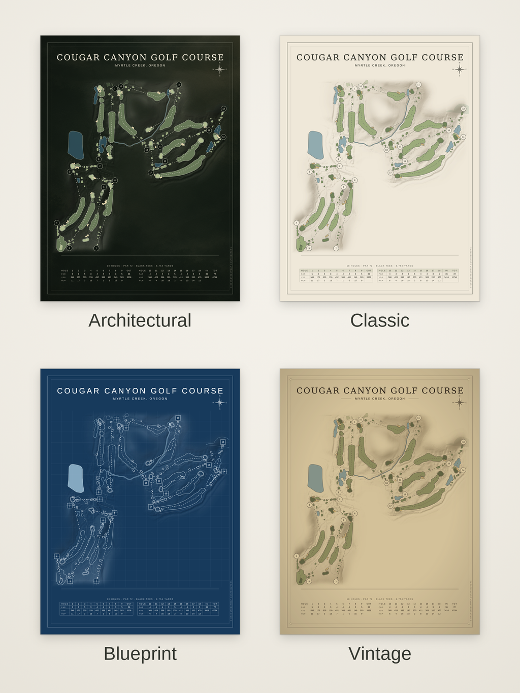 Cougar Canyon Golf Course map poster in four styles: Architectural, Classic, Blueprint and Vintage